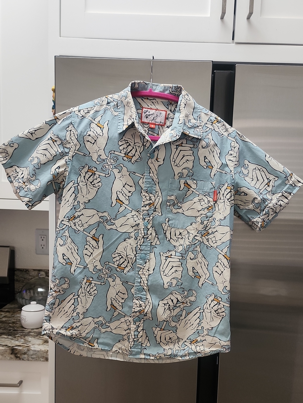 Rip N Repair Chain Smoking Unisex Casual Button Down Shirt, Size S.